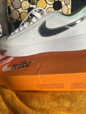 Nike White Leather Low Platform Sneaker with Silver Swoosh